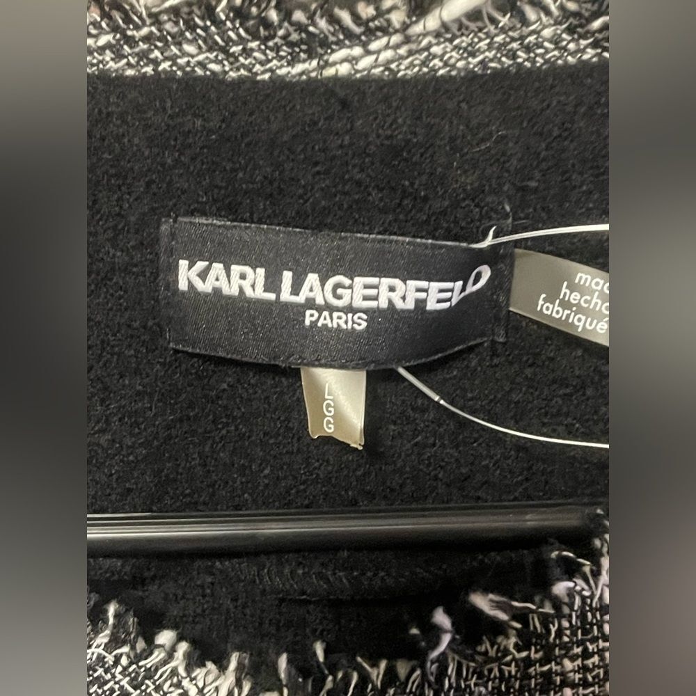 Karl Lagerfeld Paris Black Tweed Trim Long Coat Cardigan Jacket L - Picture 4 of 6